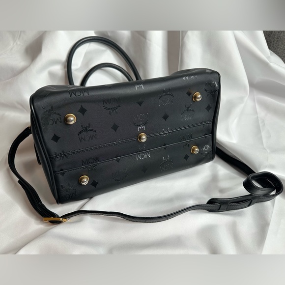 MCM Black Visetos Nylon & Leather Boston Style Crossbody Satchel Bag ~EUC - Picture 6 of 13